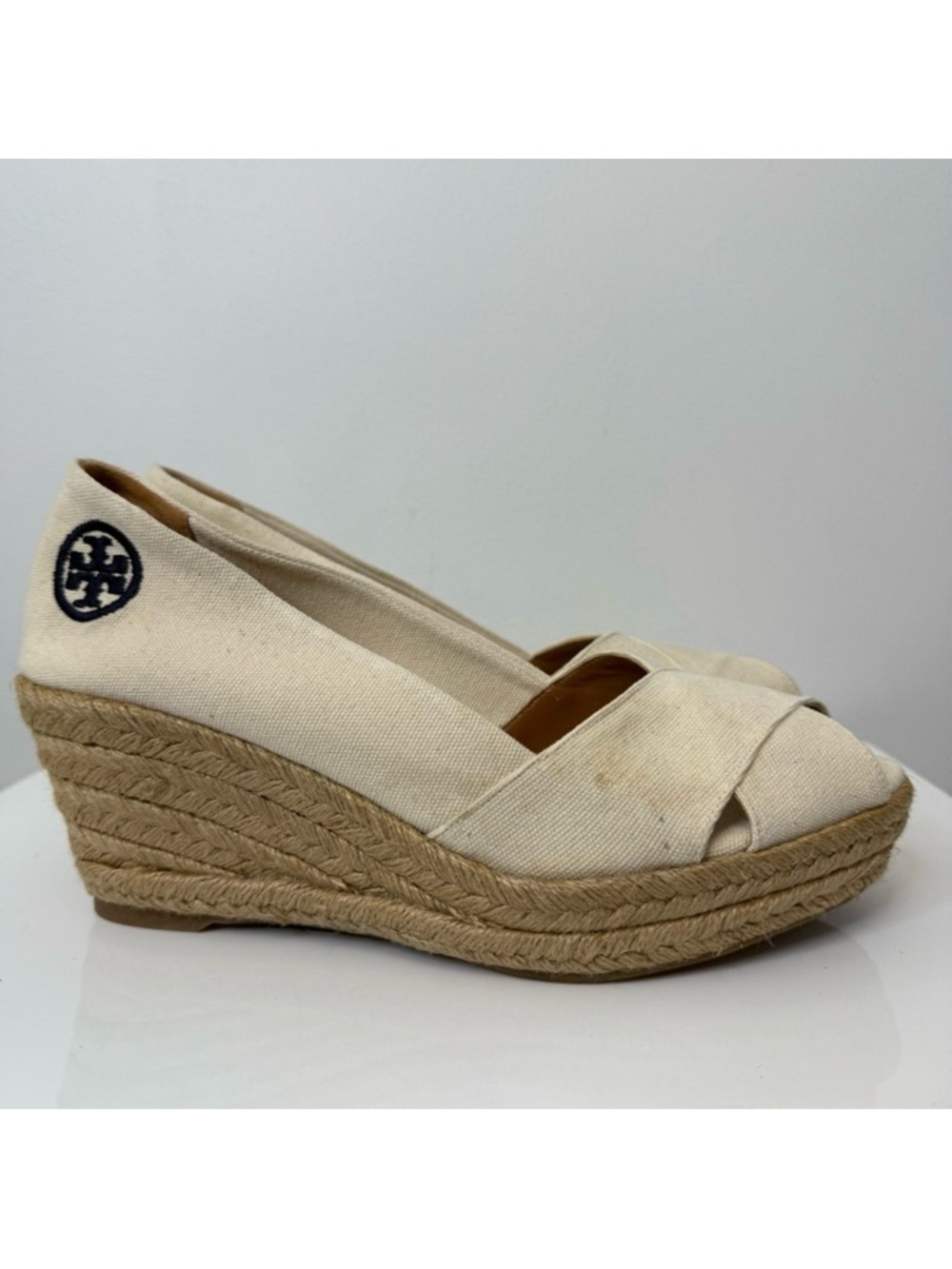 Tory Burch Filipa Canvas Criss Cross Espadrille Wedge Sandal Size 10 Cream Tan